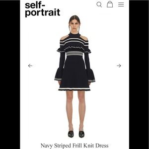 Self-Portrait Navy Striped Frill Knit Dress